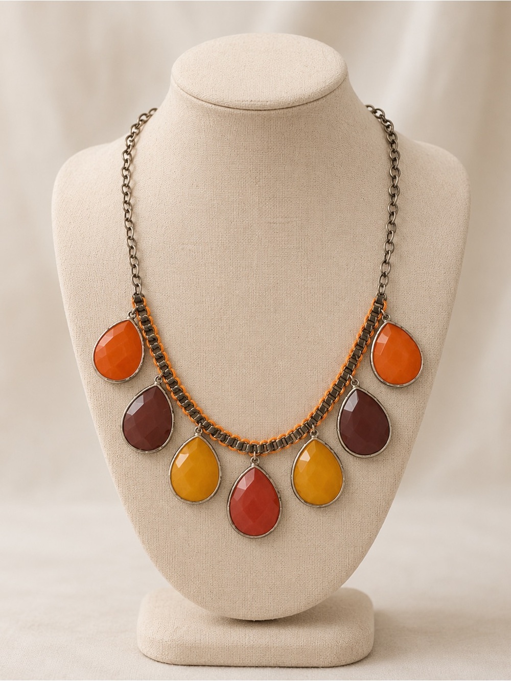 Boho Statement Teardrop Necklace | Orange Mustard Burgundy Gemstone